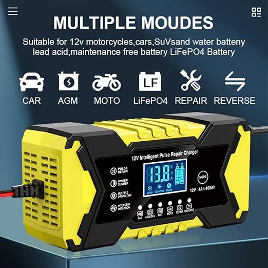 Cargador de batería para coche Purvish Enterprise 12V 10A con carga inteligente y protección contra sobrecargas para baterías de hasta 100 Ah para coches y motos.