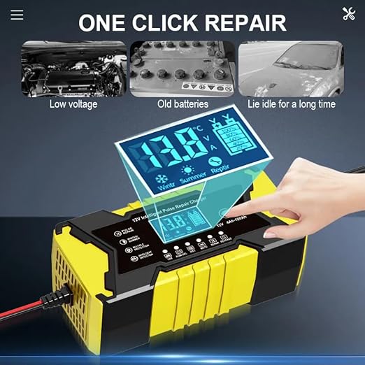 Cargador de batería para coche Purvish Enterprise 12V 10A con carga inteligente y protección contra sobrecargas para baterías de hasta 100 Ah para coches y motos.