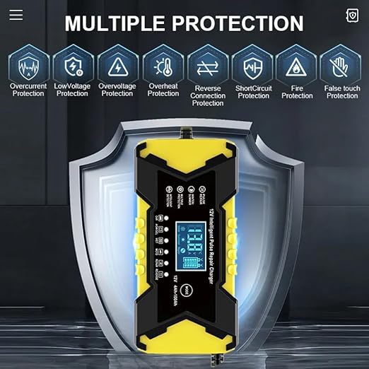 Cargador de batería para coche Purvish Enterprise 12V 10A con carga inteligente y protección contra sobrecargas para baterías de hasta 100 Ah para coches y motos.