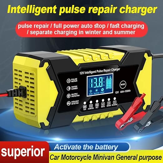 Cargador de batería para coche Purvish Enterprise 12V 10A con carga inteligente y protección contra sobrecargas para baterías de hasta 100 Ah para coches y motos.